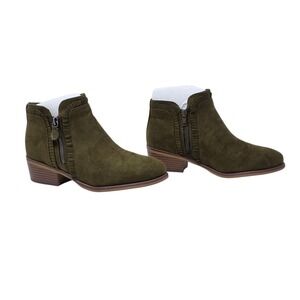 MIA Women 6.5W Olive Green Suede Ruffle Ankle Bootie Block Heel Boho Fall Earthy
